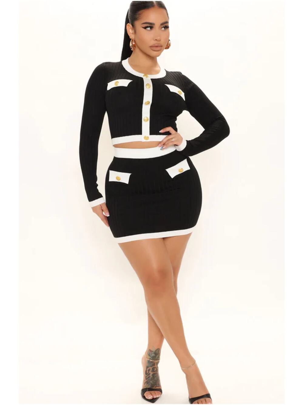 Fashion Nova Leah Knit Skirt Set Black White Preppy Chic Women Small NWT